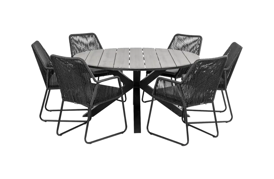 7-delige ronde tuinset | 6 Mona tuinstoelen (Black) | ⌀150cm Cyprus tuintafel (Grey)