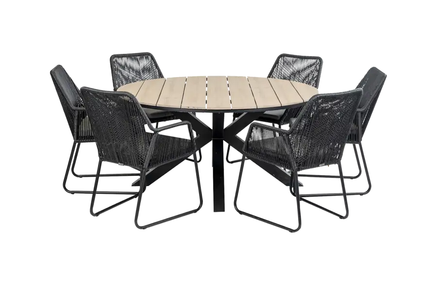 Mona ronde tuinset-7 delige tuinset-Mona tuinstoel black-Rope tuinstoel-cyprus tuintafel-aluminium frame