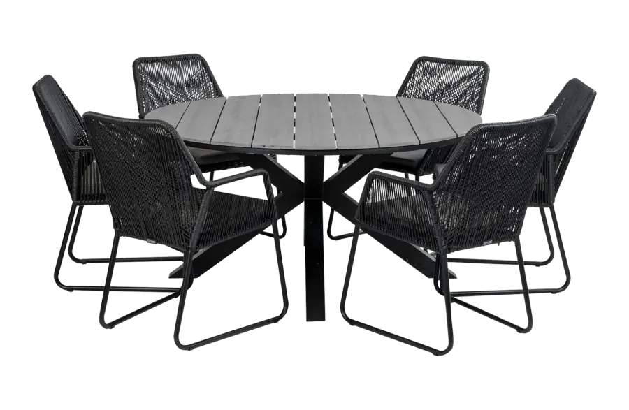 7-delige ronde tuinset | 6 Mona tuinstoelen (Black) | ⌀150cm Cyprus tuintafel (Grey)