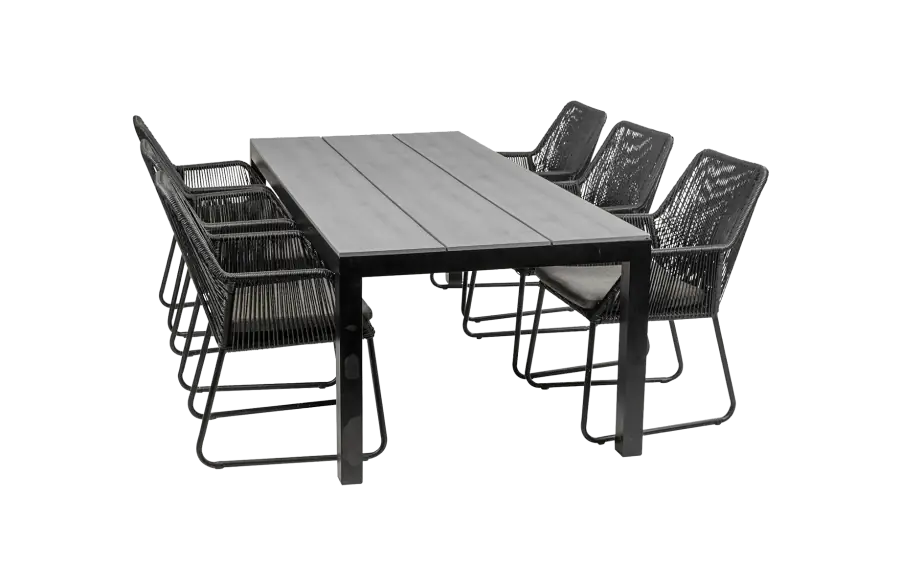 7-delige tuinset | 6 Mona tuinstoelen (Black) | 225cm Cyprus tuintafel (Grey)