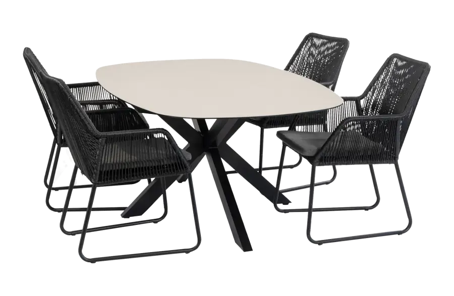 5-delige tuinset | 4 Mona tuinstoelen (Black) | Tuintafel Malaga 180x115 cm (Black)
