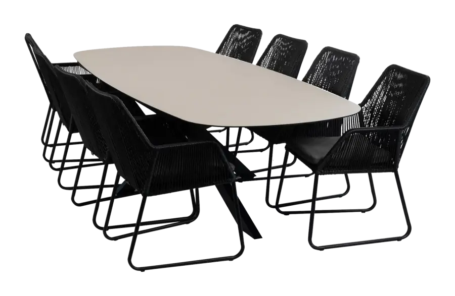 9-delige tuinset | 8 Mona tuinstoelen (Black) | Tuintafel Malaga 280x115cm (Black)
