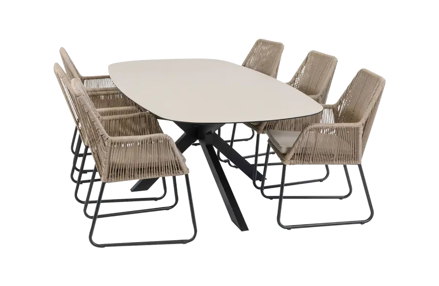 7-delige tuinset | 6 Mona tuinstoelen | Tuintafel Barletta 240x115cm | Sand & Black Stone