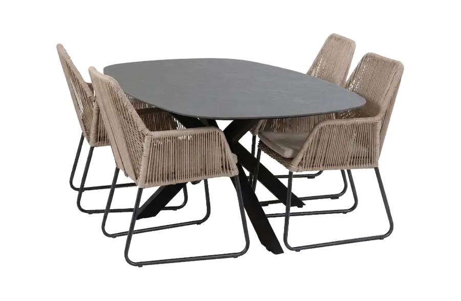 5-delige tuinset | 4 Mona tuinstoelen | Tuintafel Barletta 180x115cm | Sand & Black Desert Pearl