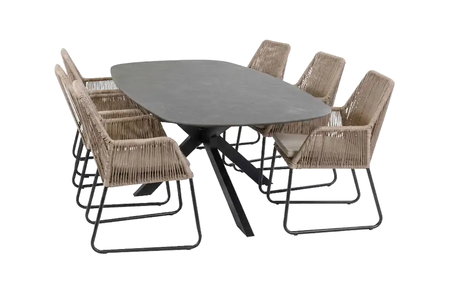 7-delige tuinset | 6 Mona tuinstoelen | Tuintafel Barletta 240x115cm | Sand & Black Desert Pearl 