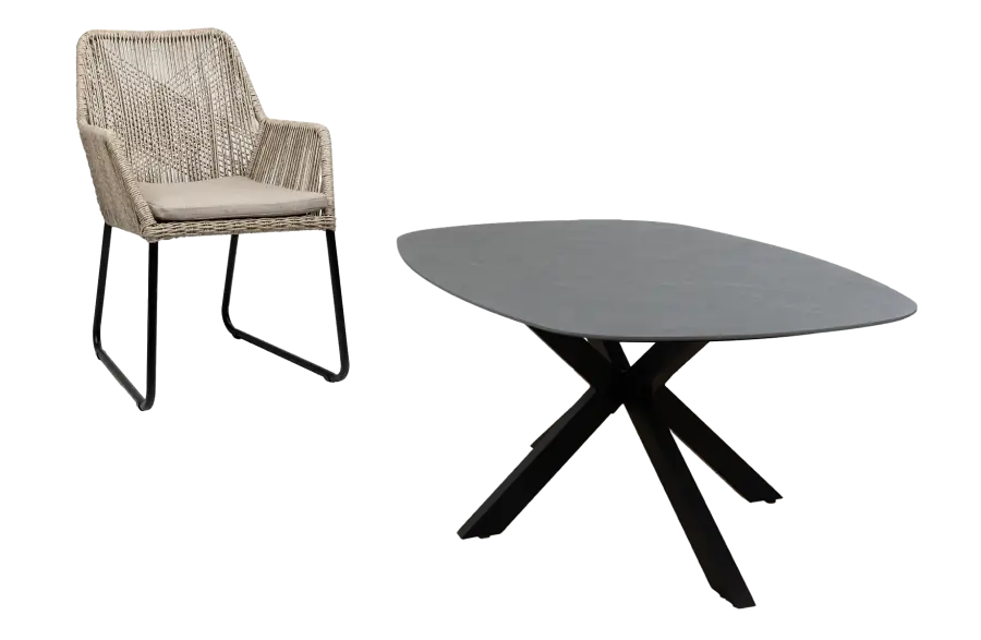 5-delige tuinset | 4 Mona tuinstoelen | Tuintafel Barletta 180x115cm | Sand & Black Desert Pearl