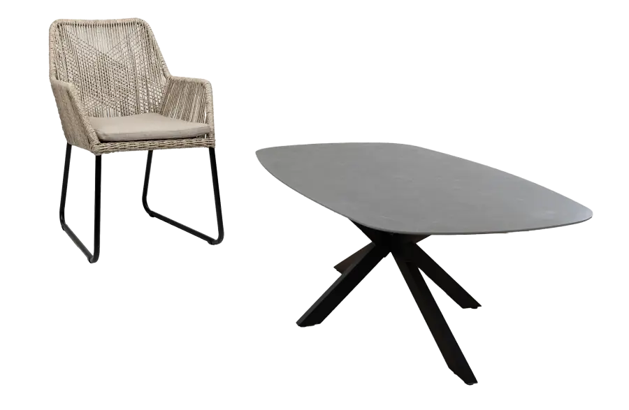 7-delige tuinset | 6 Mona tuinstoelen | Tuintafel Barletta 240x115cm | Sand & Black Desert Pearl 