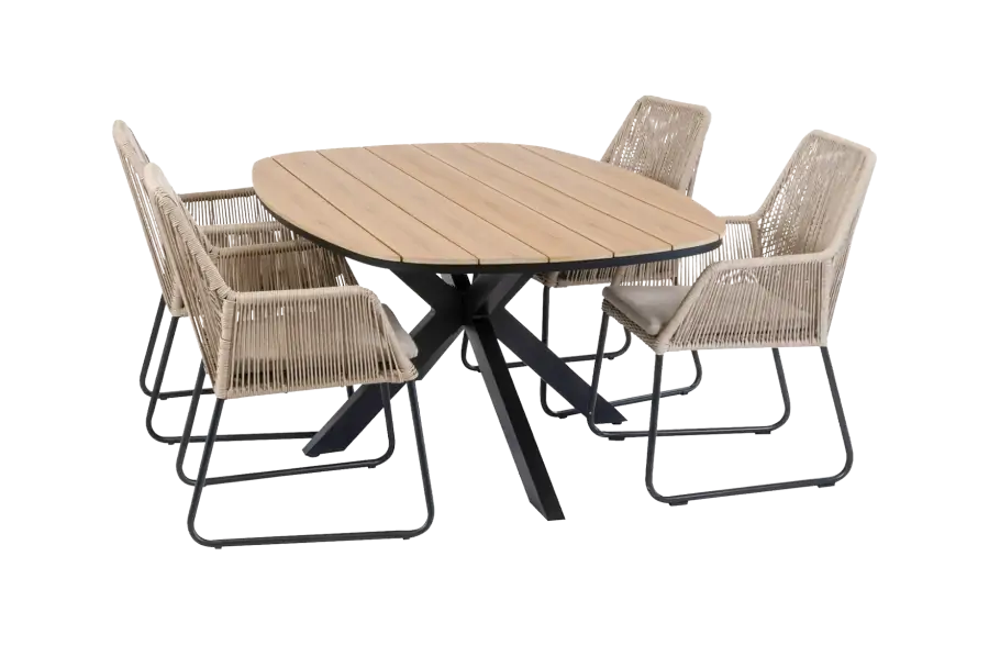 5-delige tuinset | 4 Mona tuinstoelen (Sand) | Tuintafel Cadiz 180x115cm (Black)