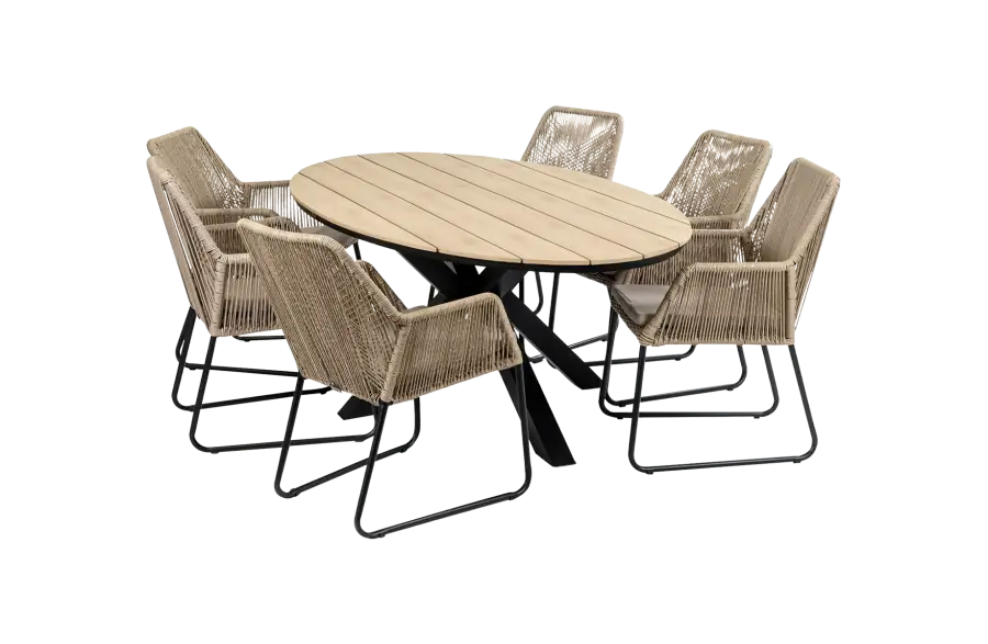 7-delige tuinset | 6 Mona tuinstoelen (Sand) | 220cm ovale Cyprus tuintafel (Wood)