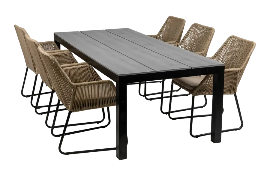 Mona 7 delige tuinset-Cyprus tuintafel-grey kleur tuintafel-Rope tuinstoel-Sand kleur tuinstoel-aluminium frame