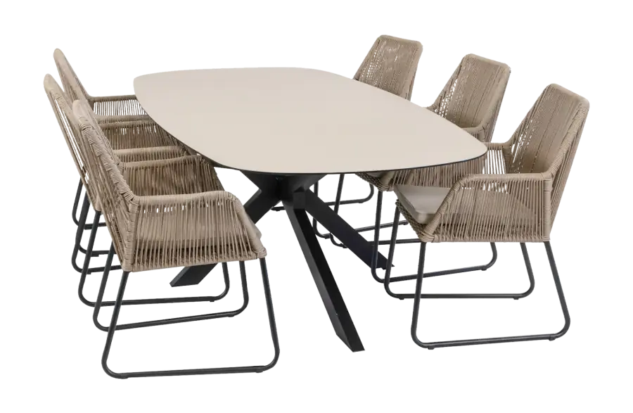 7-delige tuinset | 6 Mona tuinstoelen (Sand) | Tuintafel Malaga 240x115cm (Black)