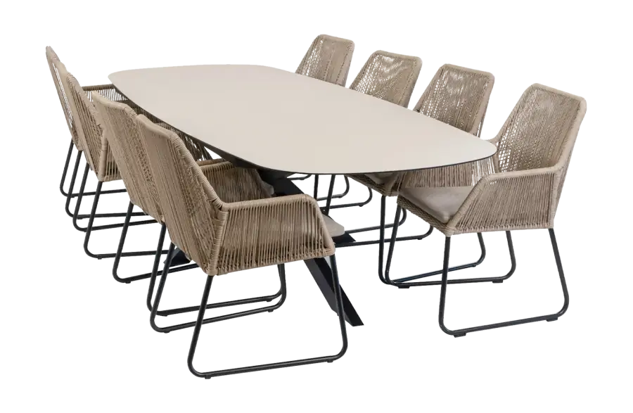 9-delige tuinset | 8 Mona tuinstoelen (Sand) | Tuintafel Malaga 280x115cm (Black)