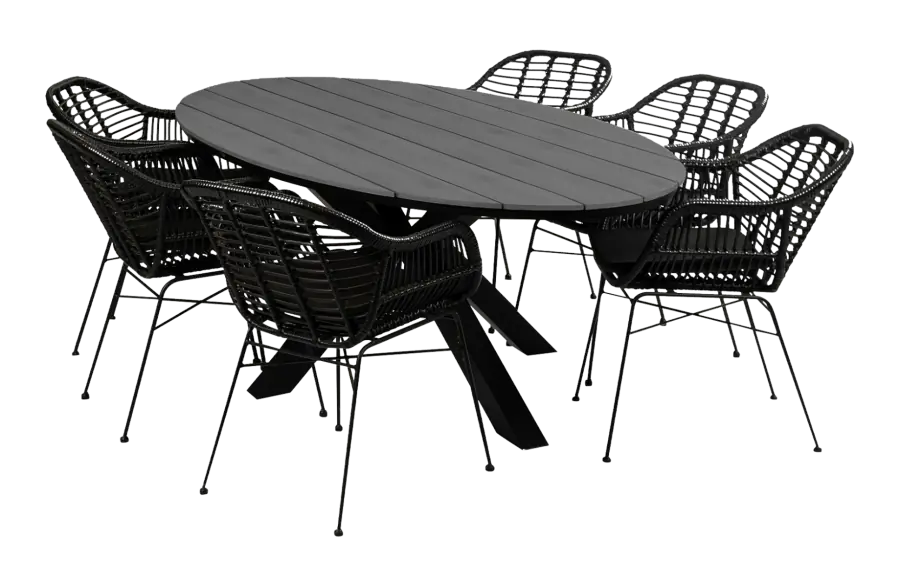 Oslo ovale tuinset-7 delige tuinset-Oslo tuinstoel black-rond wicker vlechtwerk-polywood tuintafel-grey kleur tafelblad-aluminium frame