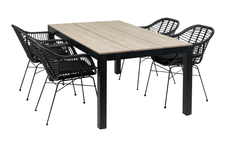 5-delige tuinset | 4 Oslo dining tuinstoelen (Black) | 160cm Cyprus tuintafel (Wood)