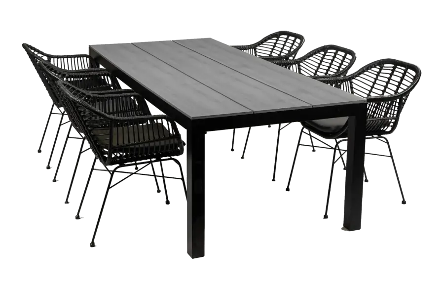 Oslo tuinset-7 delige tuinset-Oslo dining tuinstoel black-polywood tuintafel-grey  kleur-rond wicker vlechtwerk-aluminium frame