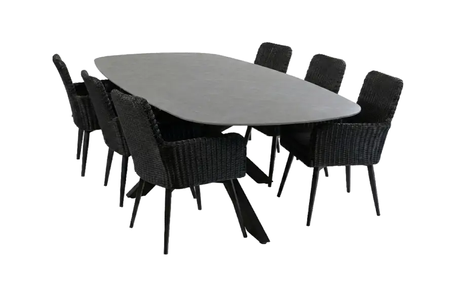 7-delige tuinset | 6 Pisa stoelen (Black) | Tuintafel Barletta 240x115cm (Desert Pearl/Black)