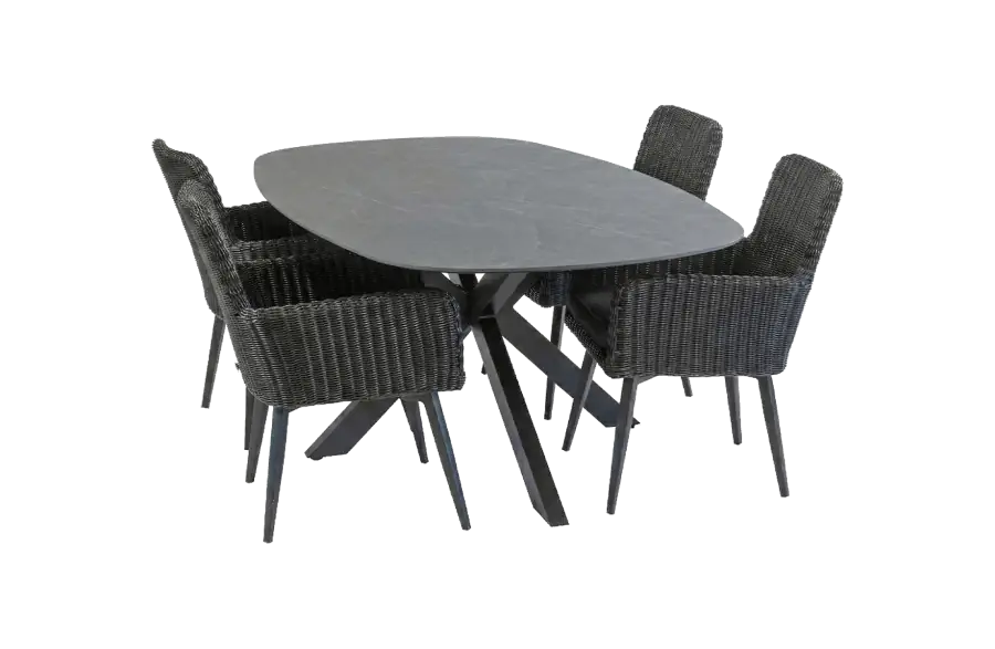 5-delige tuinset | 4 Pisa tuinstoelen (Black) | Tuintafel Barletta 180x115cm (Black/Desert Pearl)