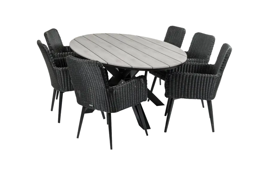 Pisa ovale tuinset-7 delige tuinset-Pisa tuinstoel black-rond wicker vlechtwerk-polywood tuintafel-aluminium frame