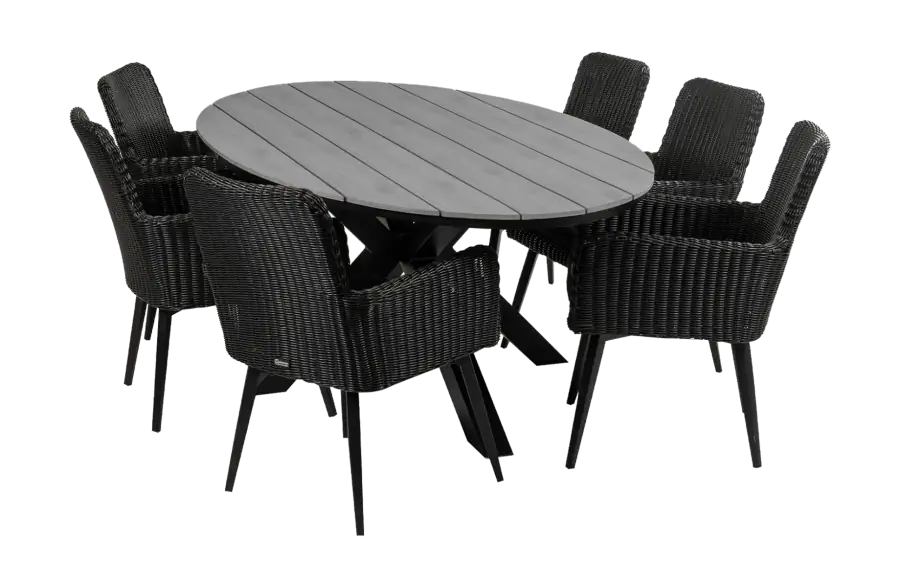 Pisa ovale tuinset-7 delige tuinset-Pisa tuinstoel black-rond wicker vlechtwerk-polywood tuintafel-aluminium frame