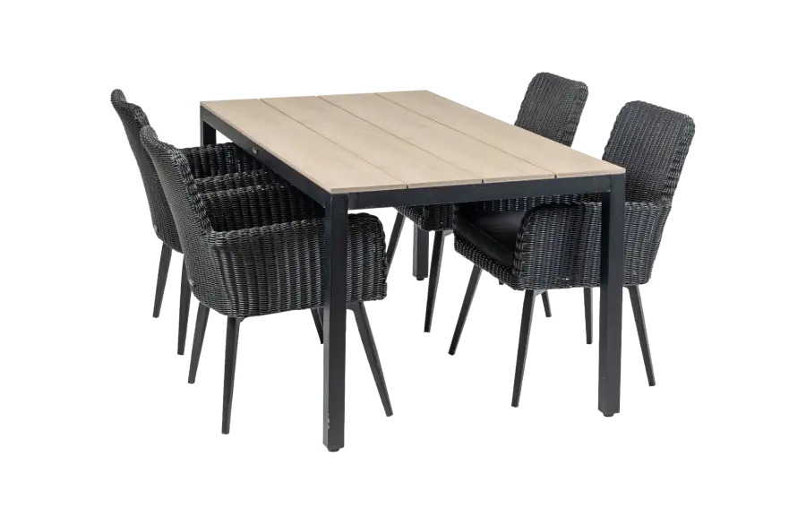 5-delige tuinset | 4 Pisa stoelen (Black) | 160cm Cyprus tuintafel (Wood)