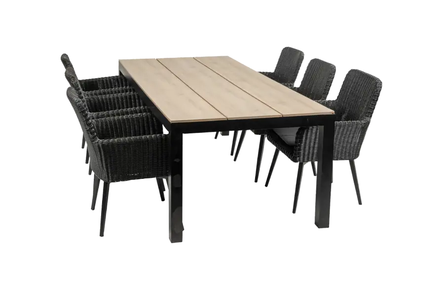 Pisa tuinset-7 delige tuinset-Pisa tuinstoel-black-polywood tuintafel-wicker-aluminium frame