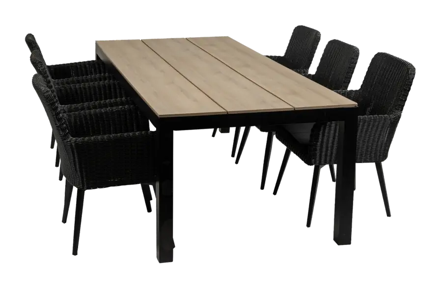 Pisa tuinset-7 delige tuinset-Pisa tuinstoel-black-polywood tuintafel-wicker-aluminium frame