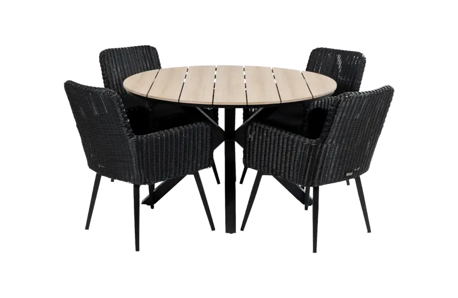 5-delige ronde tuinset | 4 Pisa tuinstoelen (Black) | ⌀120cm Cyprus tuintafel (Wood)