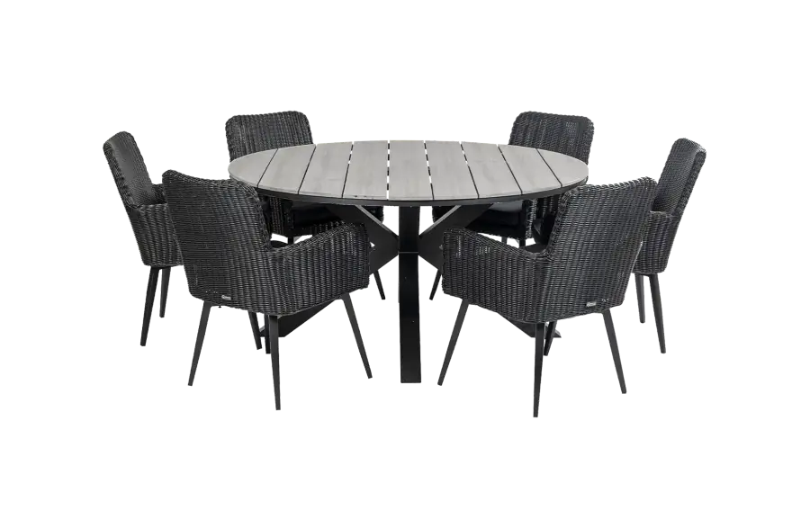 7-delige ronde tuinset | 6 Pisa tuinstoelen (Black) | ⌀150cm Cyprus tuintafel (Grey)