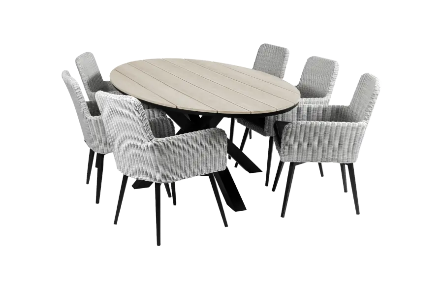 Pisa dining tuinset-7 delige tuinset-Pisa tuinstoel white-aluminium frame-rond wicker vlechtwerk-black zitkussen