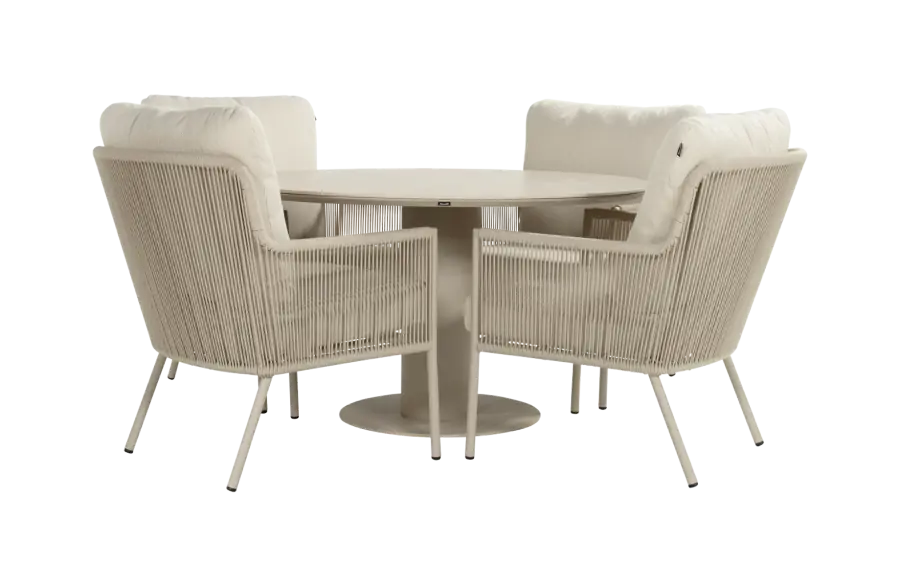 5-delige ronde lounge dining set | 4 Zaragoza tuinstoelen (Sand) | Tuintafel Zaragoza ø120cm (Sand)