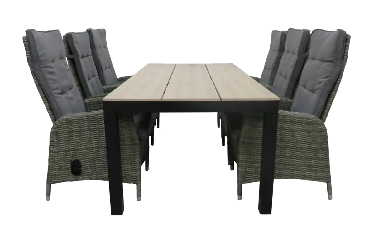 7-delige tuinset | 6 Kos verstelbare stoelen (AG) | 225cm Cyprus tuintafel (Wood)