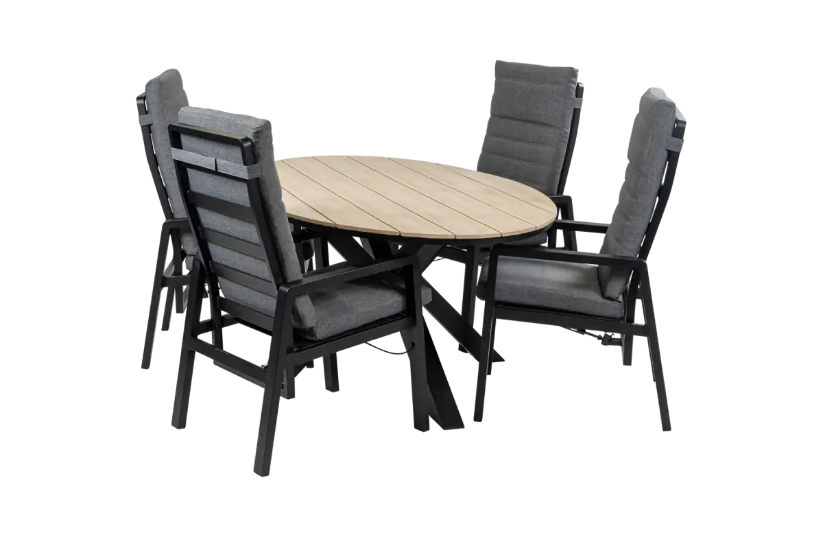 5-Delige tuinset | 4 Berlijn tuinstoelen (Black) | 180cm ovale Cyprus tuintafel (Wood)