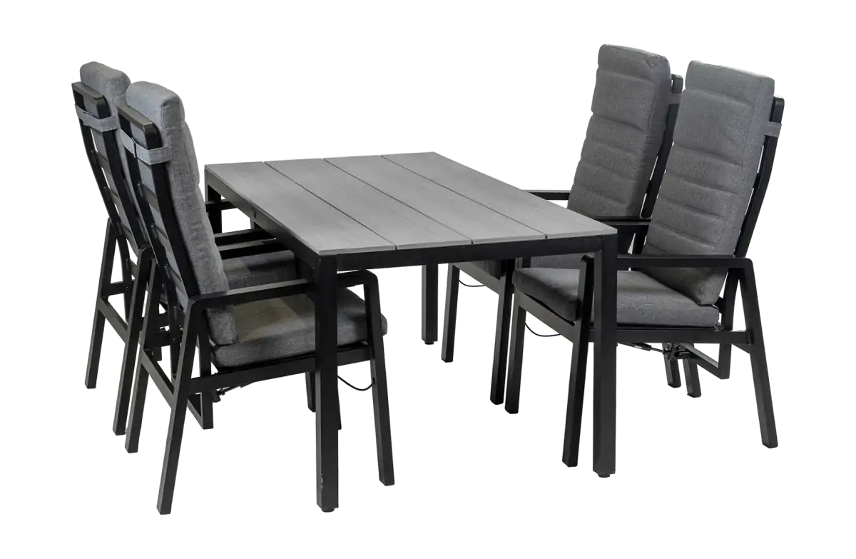 5-Delige tuinset | 4 Berlijn tuinstoelen (Black) | Tuintafel Cyprus 160x90cm (Grey)