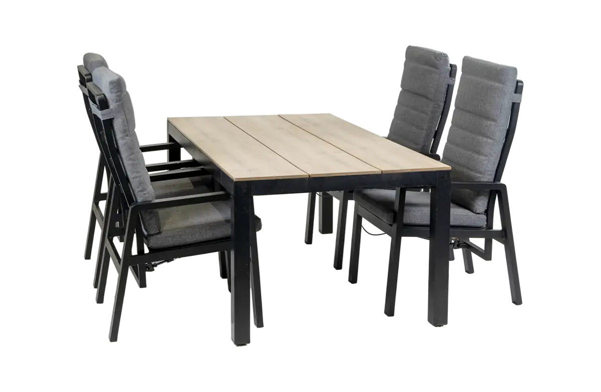 5-Delige tuinset | 4 Berlijn tuinstoelen (Black) | Tuintafel Cyprus 180x100cm (Wood)