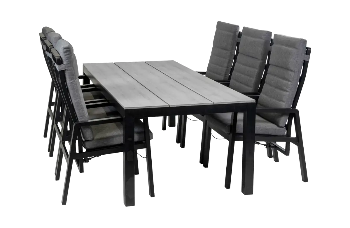 7-delige tuinset | 6 Berlijn tuinstoelen Black | Tuintafel Cyprus 225x100cm Grey