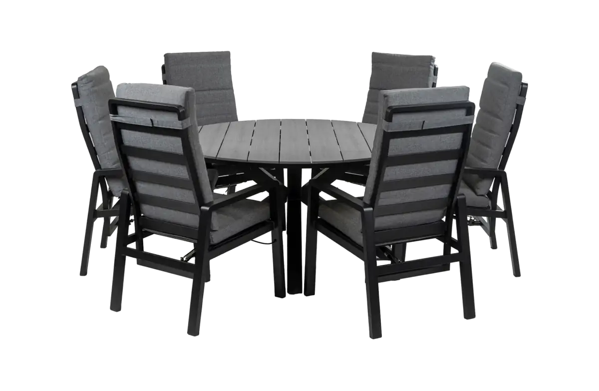 7-Delige ronde tuinset | 6 Berlijn tuinstoelen (Black) | Tuintafel Cyprus ø150cm (Grey)