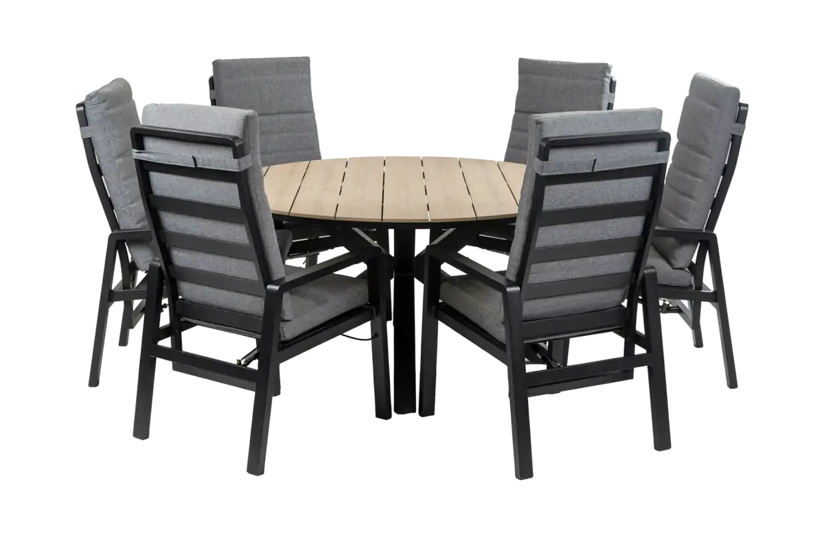 7-Delige ronde tuinset | 6 Berlijn tuinstoelen (Black) | Tuintafel Cyprus ø150cm (Wood)
