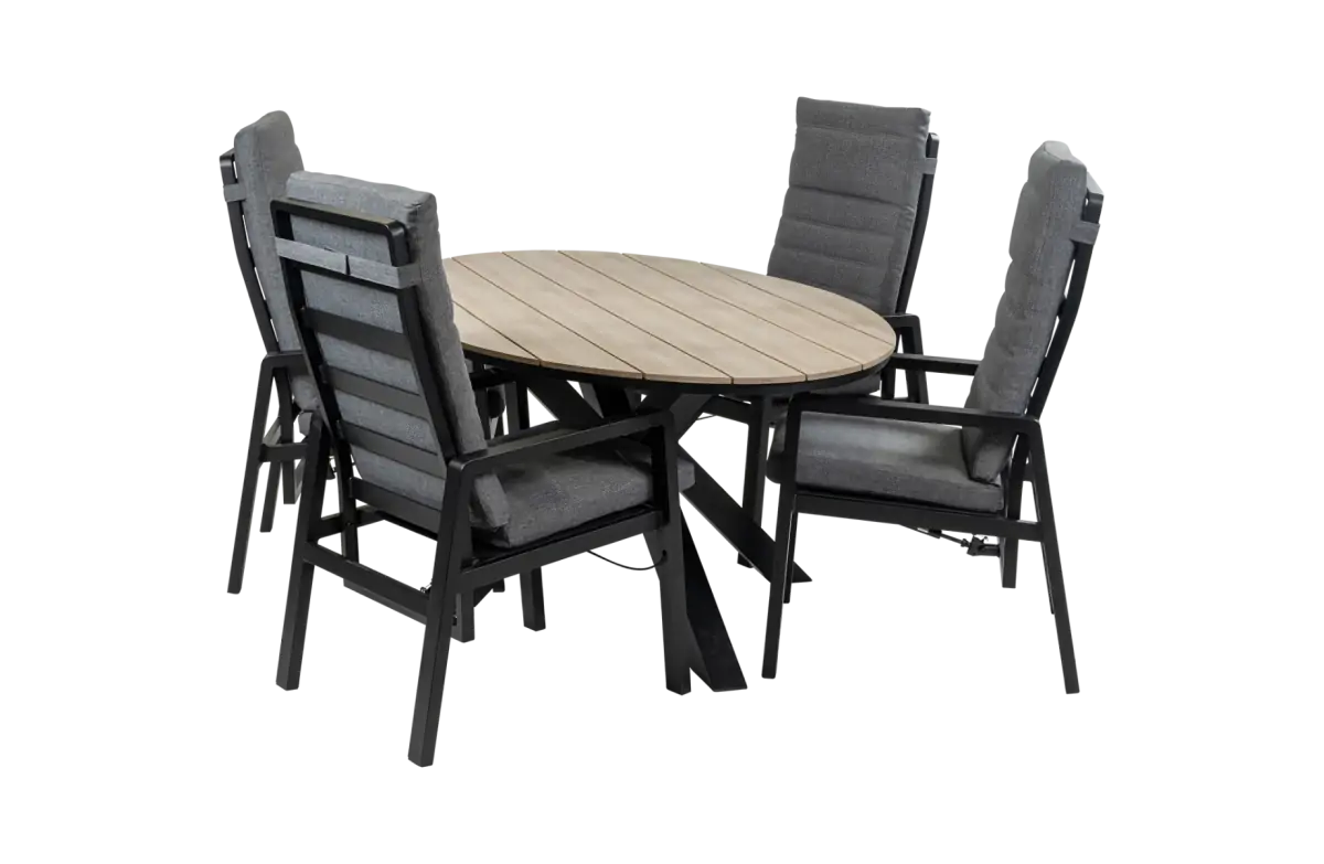 5-Delige tuinset | 4 Berlijn tuinstoelen (Black) | 180cm ovale Cyprus tuintafel (Wood)