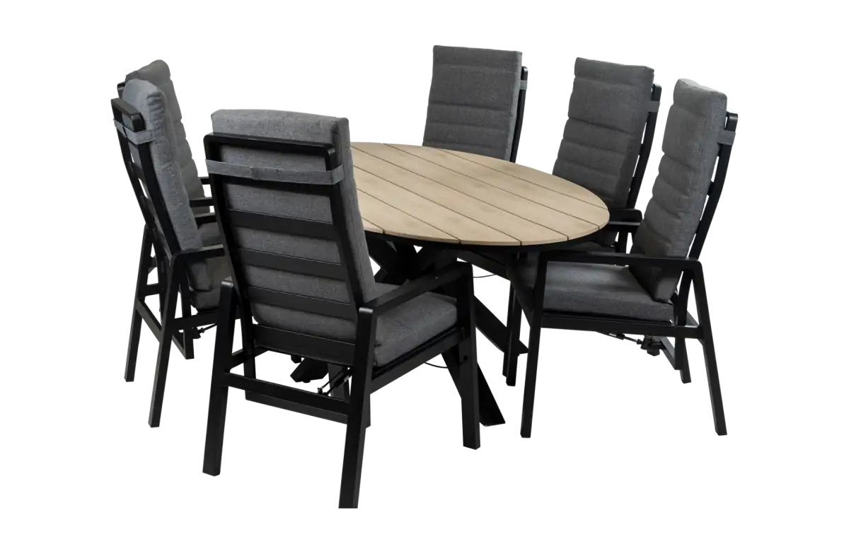 7-Delige tuinset | 6 Berlijn tuinstoelen (Black) | 220cm ovale Cyprus tuintafel (Wood)