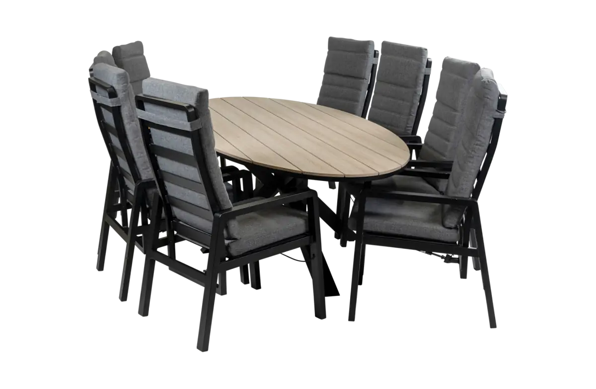 9-Delige tuinset | 8 Berlijn tuinstoelen (Black) | 280cm ovale Cyprus tuintafel (Wood)