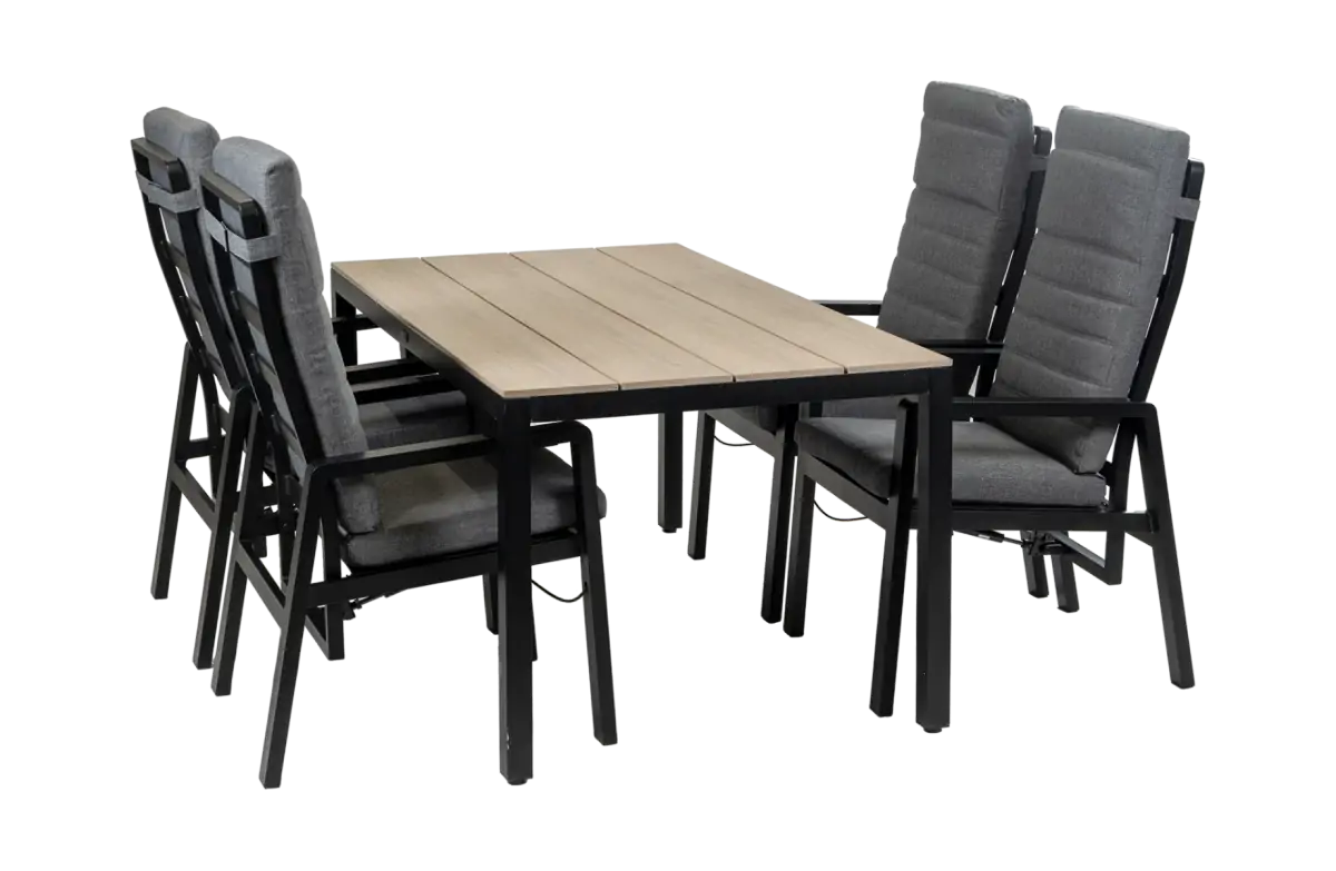 5-Delige tuinset | 4 Berlijn tuinstoelen (Black) | Tuintafel Cyprus 180x100cm (Wood)