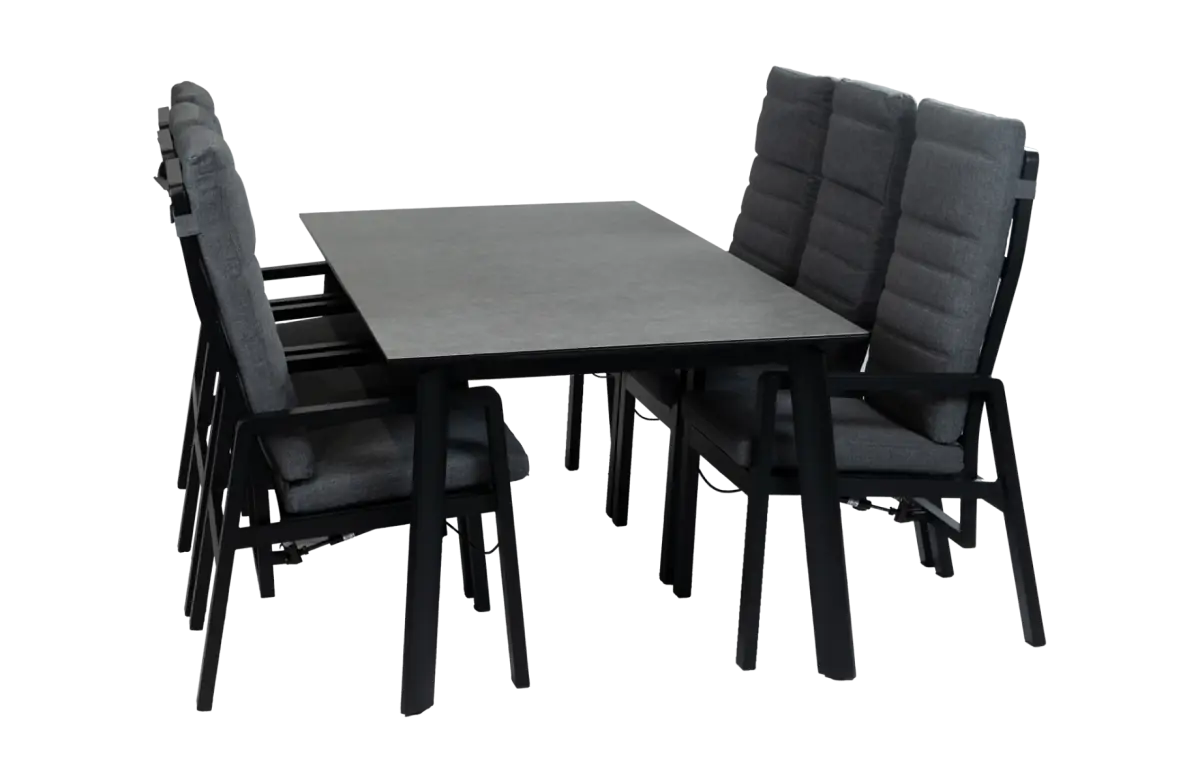 7-delige tuinset | 6 verstelbare Berlijn tuinstoelen (Black) | Tuintafel Malta 220x100cm (Black)