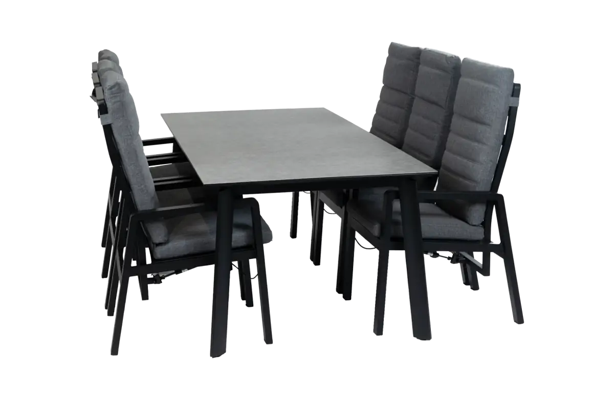 7-delige tuinset | 6 verstelbare Berlijn tuinstoelen (Black) | Tuintafel Malta 220x100cm (Black)