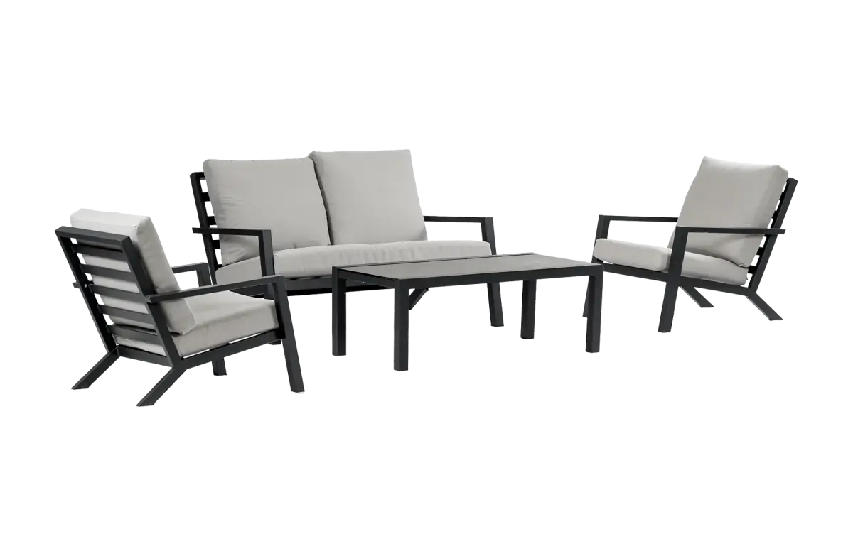 Stoel-bank Loungeset Bezano | met 2-persoonsbank | Matt Black/Off White |  Aluminium