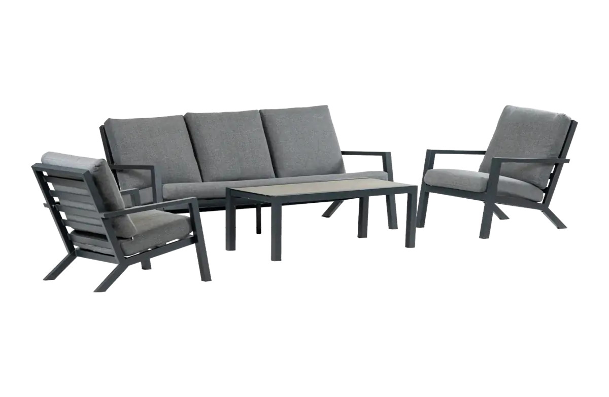 Stoel-bank Loungeset Bezano | met 3-persoonsbank | Matt Black/Grey | Aluminium