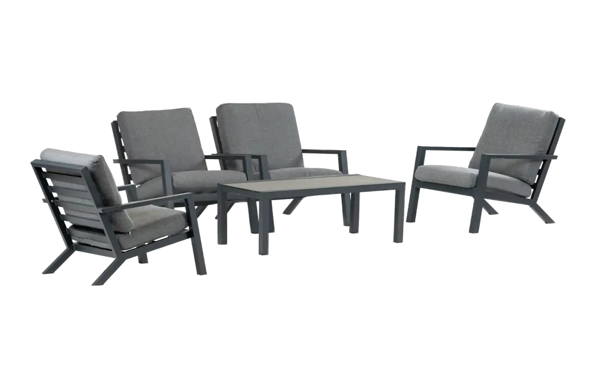 4x Bezano loungestoel | Grey + Loungetafel Bezano 120x60cm | Matt Black | Aluminium
