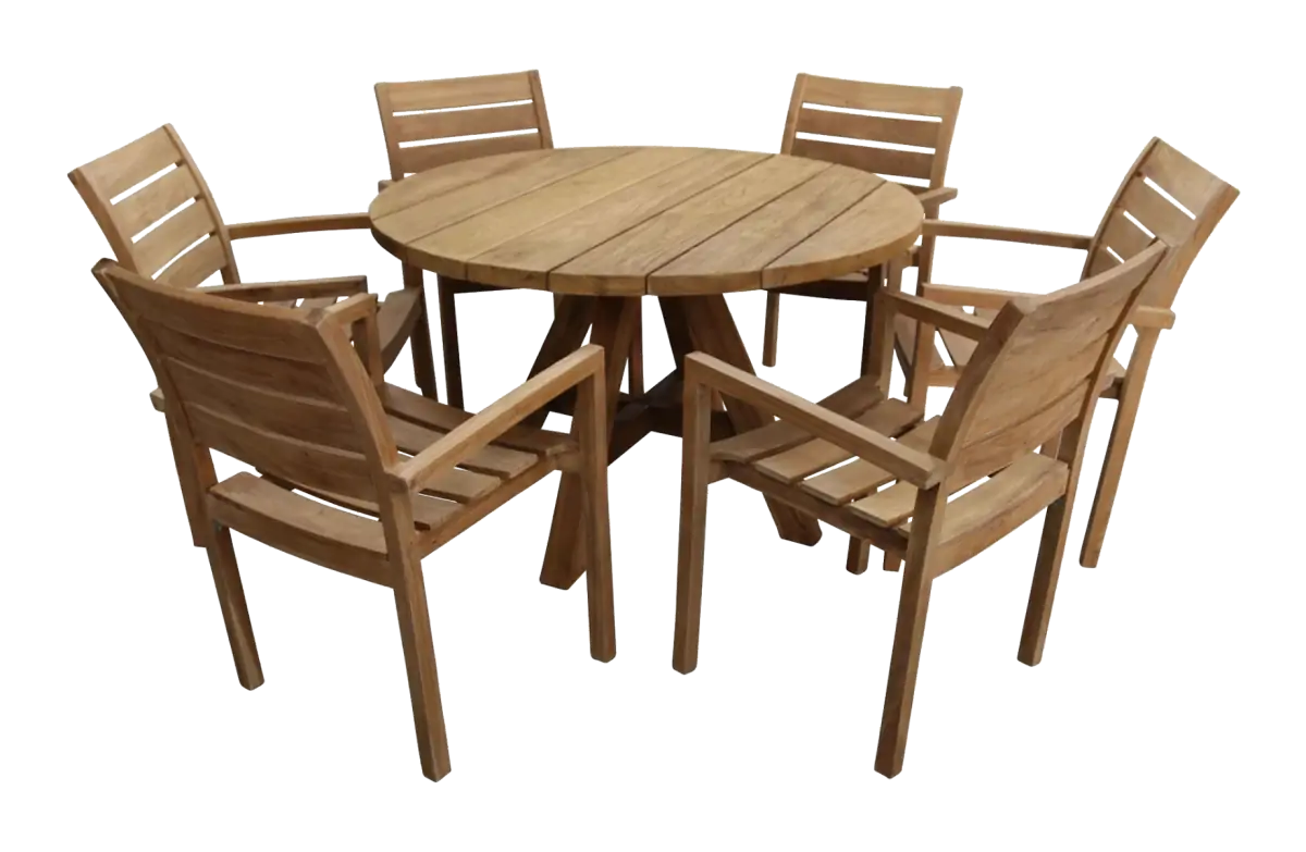 Teak houten tuinset-Bulu-ronde tuintafel-stapelbare tuinstoelen-teakhout tuinmeubelen