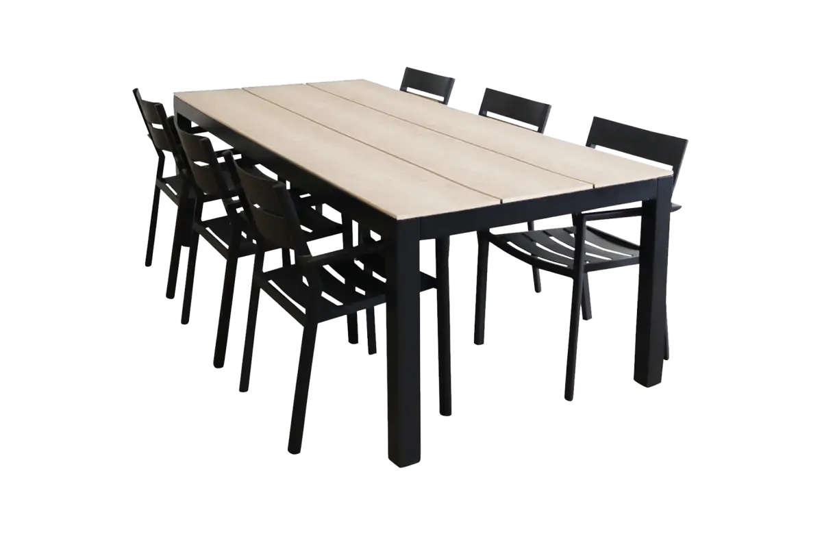 7-delige tuinset | 6 Delia stapelbare tuinstoelen (Black) | 225cm Cyprus tuintafel (Wood)