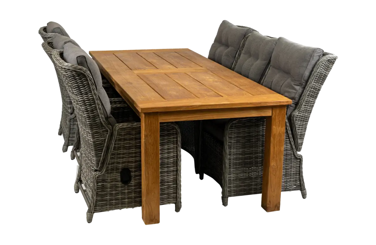Dublin lounge dining set-6 Dublin verstelbare tuinstoelen-Ash Grey-Teakhout tuintafel-aluminium frame-wicker