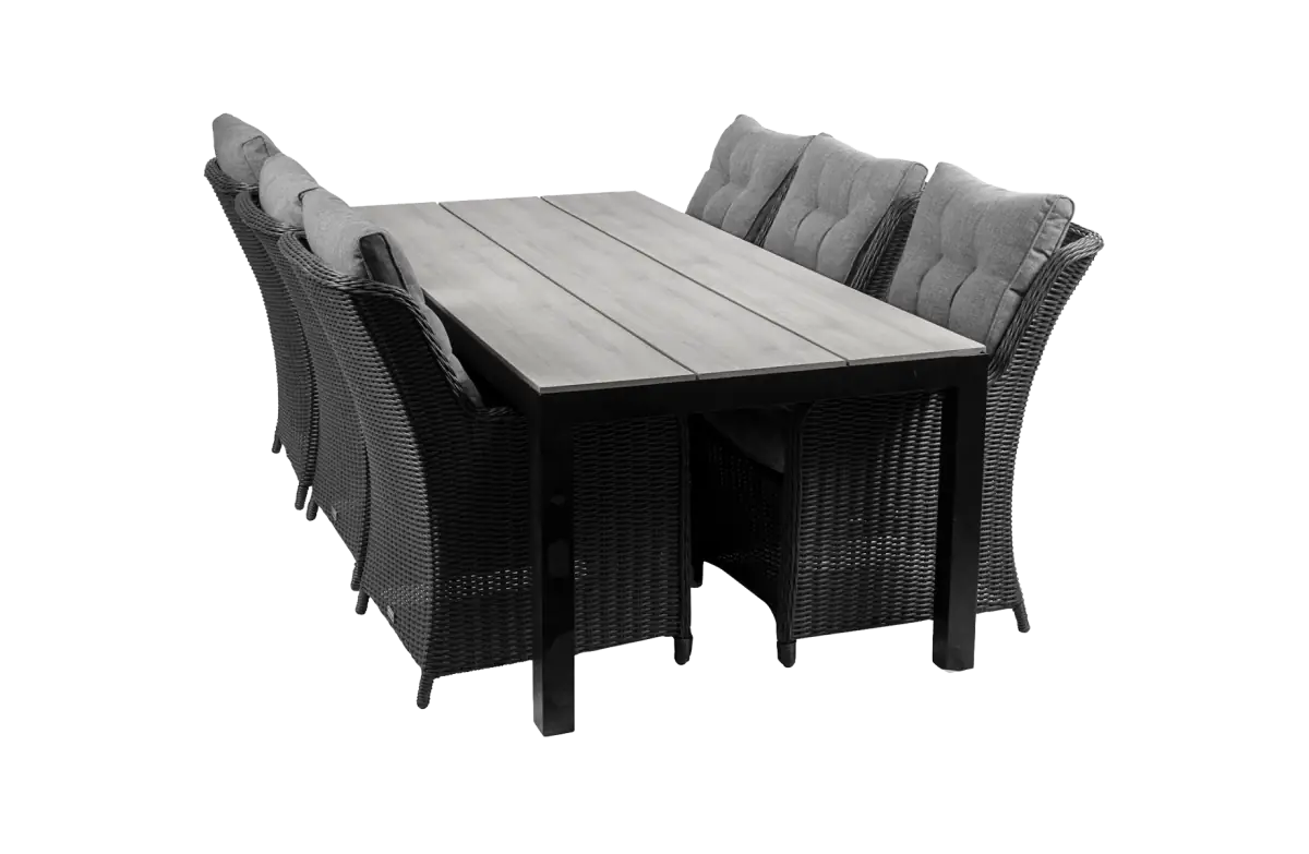 7 delige tuinset Dublin-Dublin verstelbare stoel-Black-polywood tuintafel-wicker vlechtwerk-aluminium frame